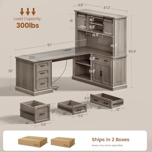 SEDETA 67" Farmhouse Executive L Shaped Desk with Hutch & Storage | Office Desks with 4 Drawers & Storage Cabinet,Executive Desk with Cabinet Doors,File Drawer,Power Outlet,Grey - color: Grey, size: 67" L Shaped Desk with Hutch