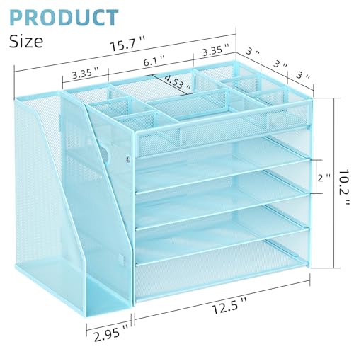 Marbrasse 5-Tier Desk Organizer with File Holder,Paper Letter Tray Organizer,Desktop File Organizer with Adjustable Compartments,Mesh Desk Organizers and Accessories for Office Supplies,Blue - color: File Organizer With File Holder-blue