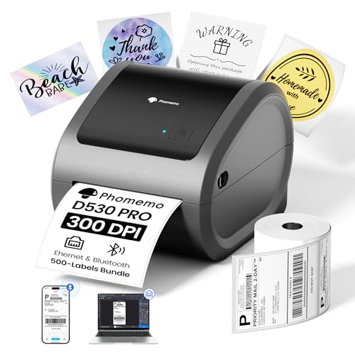 Phomemo 300DPI 4x6 Thermal Shipping Label Printer with 500 Labels | Ethernet Bluetooth & USB connection, Thermal Printer for Small Business, Compatible with iOS Android Windows Mac USPS UPS - color: Grey