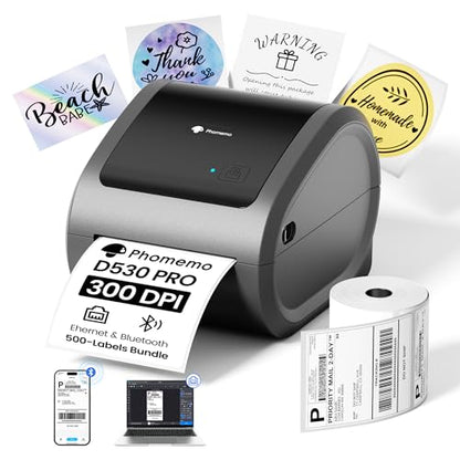 Phomemo 300DPI 4x6 Thermal Shipping Label Printer with 500 Labels | Ethernet Bluetooth & USB connection, Thermal Printer for Small Business, Compatible with iOS Android Windows Mac USPS UPS - color: Grey