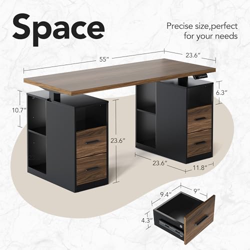 HUANUO 55" Standing Desk with Drawers, Executive Electric Height Adjustable Stand Up Desk with Storage, Black Walnut - size: 55"