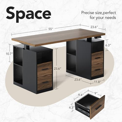 HUANUO 55" Standing Desk with Drawers, Executive Electric Height Adjustable Stand Up Desk with Storage, Black Walnut - size: 55"