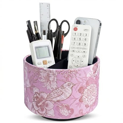 Round Leather Art Supply Organizer,Remote Control Holder,360 Degree Spinning,Multi-Functional Pencil Holder,4 Compartments Desktop Stationary Organizer(1-Purple Bird) - color: 1-Purple Bird