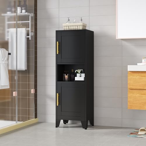 Metal Tall Narrow Bathroom Storage Cabinet, Freestanding Floor Cabinet with 2 Doors and Adjustable Shelves, Pantry Storage Cabinets for Bathroom, Living Room, Entryway and Kitchen (Black) - color: Black, size: 47.2H