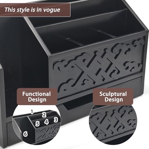 Black Wooden Mail Organizer with Drawer, Three Tiered Desk Accessories for Office Organization and Storage, Stylish Countertop Document Storage, Home/Office/Classroom Supplies (Black03) - style: Black03