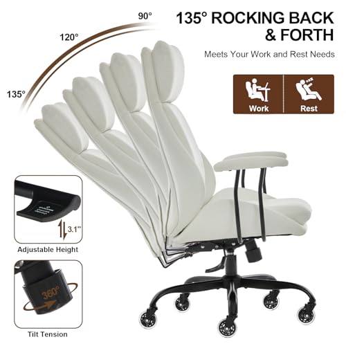Leather Executive Office Chair, Computer Desk Chair, White | Ergonomic, Rubber Wheels, Lumbar Support, 360° Swivel, High Back, Adjustable Height, for Modern Home Office - color: Pearl White
