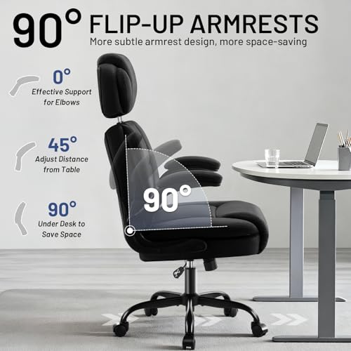 Ergonomic Office Chair with Lumbar Support, 400lbs Heavy Duty Big and Tall Executive Desk Chair, PU Leather High Back Computer Chair with Flip-Up Arms & Adjustable Headrest, Black - color: Black, size: Adjustable Headrest Office Chair