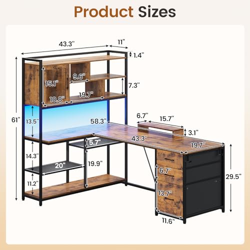 SEDETA 58'' L Shaped Computer Office Desk with 3 Drawers and Bookshelf - color: Rustic Brown