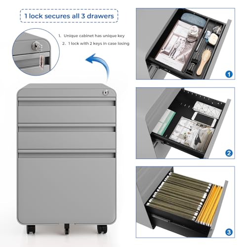 Dripex 3 Drawer Metal Rolling File Cabinet Under Desk Filing Cabinet Grey - color: Grey