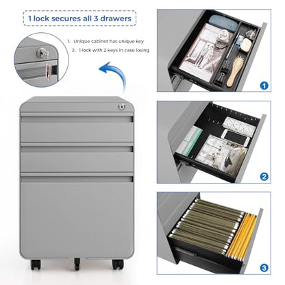 Dripex 3 Drawer Metal Rolling File Cabinet Under Desk Filing Cabinet Grey - color: Grey