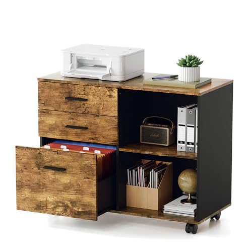 VINGLI 3 Drawer Wood Lateral File Cabinet with Adjustable Shelves & Locking Wheels, Printer Stand with Drawers for Letter, Sturdy Black File Cabinets for Home Office, Study & Business, Rustic Brown - color: Rustic Brown, size: Lateral 3 Drawer