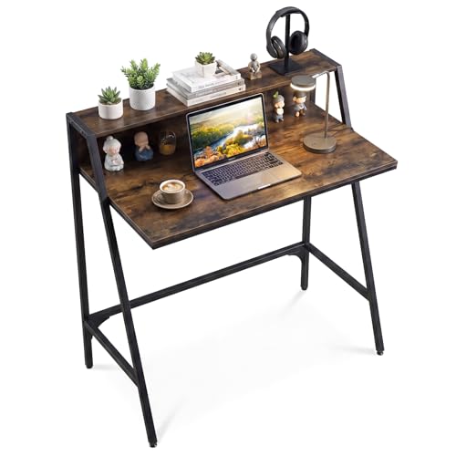 GIANTEX 31.5” Small Computer Desk, Industrial Writing Desk with Raised Storage Shelf & Heavy-Duty Metal Frame, Compact Study Desk Computer Workstation for Bedroom Dorm (Rustic Brown) - color: Rustic Brown