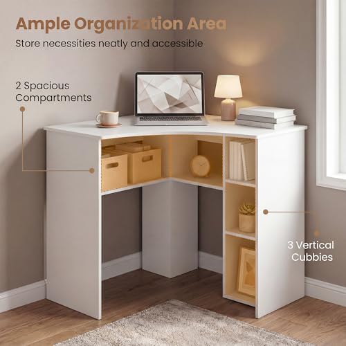 GOFLAME White Corner Desk with Charging Station, Small Corner Desk with Storage Shelves, Triangle Computer Desk, Study Writing Table for Home Office, Small Spaces