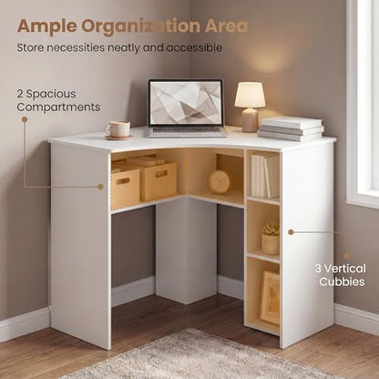 GOFLAME White Corner Desk with Charging Station, Small Corner Desk with Storage Shelves, Triangle Computer Desk, Study Writing Table for Home Office, Small Spaces