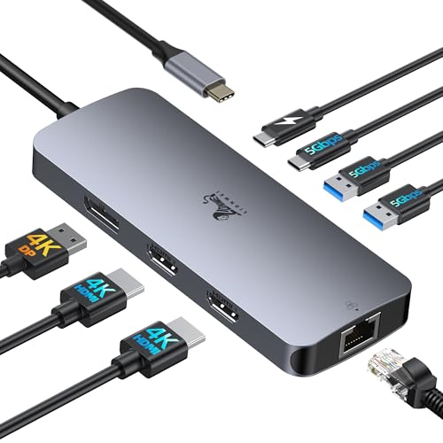 USB C Docking Station Dual Monitor, LIONWEI Laptop Docking Station 3 Monitors with 2 HDMI, 4K DisplayPort, 1Gbps Ethernet, 100W PD, 3 USB A/C 3.0, USB C Hub Multiport Adapter for Dell/Lenovo/HP