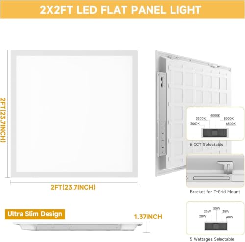 12 Pack 2x2 LED Flat Panel Lights with 5CCT Selectable, 4800LM, ETL | 40W/35W/30W/25W/20W,6500K/5000K/4000K/3500K/3000K,0-10V Dimmable, LED Drop Ceiling Fixtures for Office Meeting Classroom - size: 2x2FT 12PACK