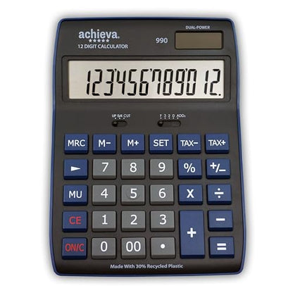 Achieva 12-Digit LCD Display Desktop Calculator | Blue | Mark Up Key, Selectable Decimal & Rounding Switches | Dual Solar/Battery Power | for Home, Office, School (990) - color: Blue