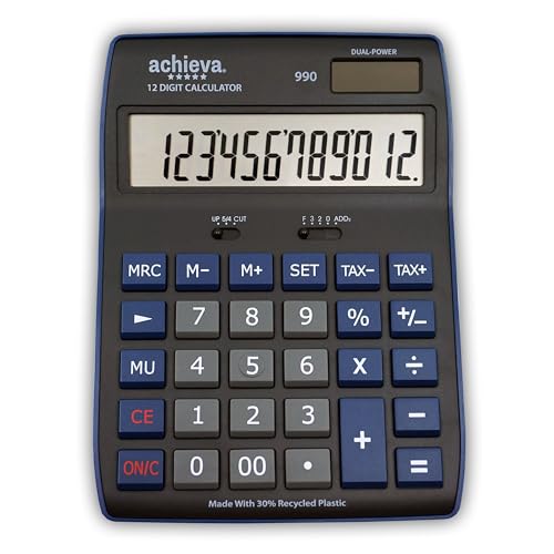 Achieva 12-Digit LCD Display Desktop Calculator | Blue | Mark Up Key, Selectable Decimal & Rounding Switches | Dual Solar/Battery Power | for Home, Office, School (990) - color: Blue