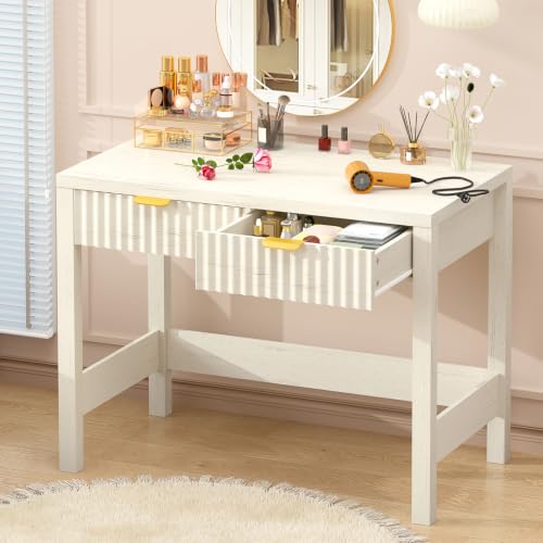 32 Inch Small Fluted Computer Desk with 2 Drawers for Bedroom, Home Office - color: White, size: 32 Inch Desk