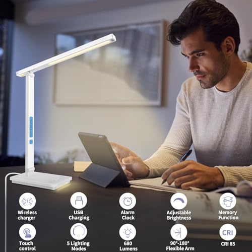 10 in 1 Smart Desk Lamp Led, Desk Light for Colleage Drom Room Office, Eye-Caring Table Lamp with Night Light, Lamp for Desk with 10W Wireless Charger, Dimmable Touch Lamp, Birthday Gifts for Women - color: White-Pro