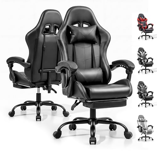 Gaming Chair, Ergonomic Computer Chair with Footrest and Lumbar Support, Height Adjustable Office Chair with 360° Swivel Seat and Headrest (Black) - color: Black