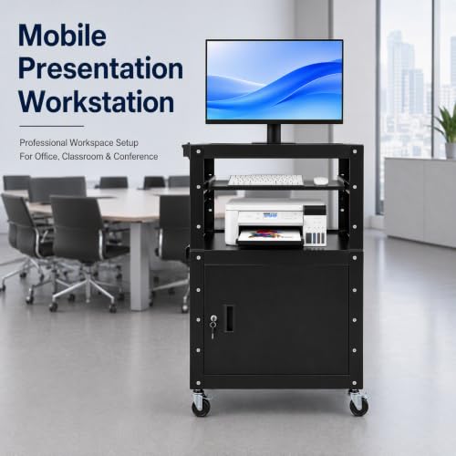 Height Adjustable Mobile AV Cart with Lockable Cabinet, Heavy Duty Rolling Presentation Workstation with Power Outlet & USB Ports, Pull-Out Laptop Tray for Office Classroom Home - size: 24x18x41.5in