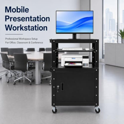 Height Adjustable Mobile AV Cart with Lockable Cabinet, Heavy Duty Rolling Presentation Workstation with Power Outlet & USB Ports, Pull-Out Laptop Tray for Office Classroom Home - size: 24x18x41.5in
