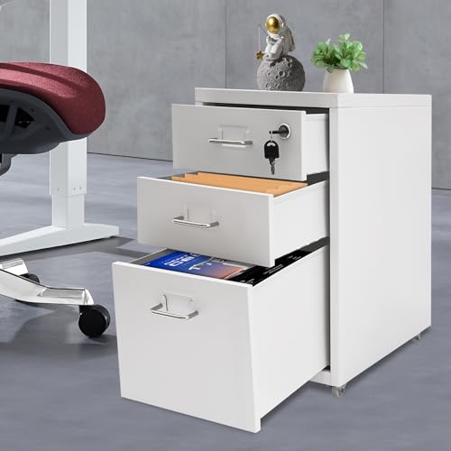 CNCEST 2-Drawer Vertical File Cabinet Metal Mobile Filing Cabinet with Lock Rolling File Drawer Cabinet Under Desk Sturdy Steel Storage Unit with Glide Drawers Lockable Wheels for Home Office (White) - color: White