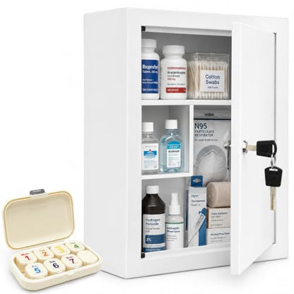 Metal Locking Wall-mounted Medicine Cabinet, Bathroom Medicine Cabinet Organizer with 3 Compartments & 2 Door Storage Bins, First Aid Cabinet for Home Bathroom Office, Weekly Pill Organizer Included - size: 11.7 x 4.7 x 15.6 inches