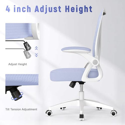 naspaluro Home Office Desk Chair Mid Back with Adjustable Height Purple | Comfy Ergonomic Chair with Flip-Up Arm and Lumbar Support, Breathable Mesh Swivel Computer Chair for Study Working Teacher - color: Light Purple