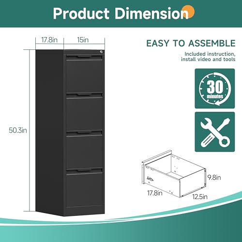 4 Drawer Metal Vertical File Cabinet with Lock for Home Office | 17.8 Inch Depth,50.3 Inch High,Fits A4/Letter & Legal Size Files,Adjustable Hanging Bar,Easy to Assemble,Black - color: Black, size: 17.8"D x 15"W x 50.3"H（4 Drawers）
