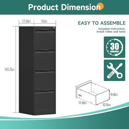 4 Drawer Metal Vertical File Cabinet with Lock for Home Office | 17.8 Inch Depth,50.3 Inch High,Fits A4/Letter & Legal Size Files,Adjustable Hanging Bar,Easy to Assemble,Black - color: Black, size: 17.8"D x 15"W x 50.3"H（4 Drawers）