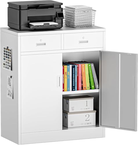 Metal Storage Cabinet, 36 Inch Tall Locking Cabinet with 2 Doors and 2 Drawers, Metal Cabinets with Adjustable Shelf, Garage Cabinets for Kitchen,Garage,Warehouse, White - color: White, size: 36"H&2Drawers