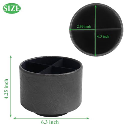 Round Leather Art Supply Organizer,Remote Control Holder,360 Degree Spinning,Multi-Functional Pencil Holder,4 Compartments Desktop Stationary Organizer(1-Crazy Black) - color: 1-Crazy Black