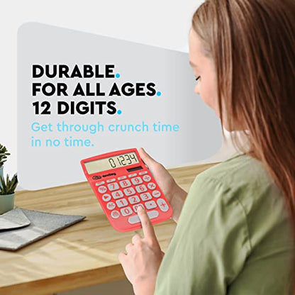 Enday Solar Powered Large Display 12 Digit Red Basic Calculator - Perfect for Office & School - color: RED