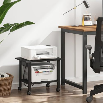 TUTOTAK Printer Stand, 2 Tier Rolling Printer Cart with Charging Station | Small Under Desk Printer Table with Wheels for Small Space, Office, Home, Black PS01BK001P - color: Black, size: 2 tier(18.9 x 11.8 x 15.4inchs)