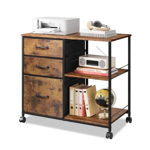 DEVAISE 3 Drawer Mobile File Cabinet with Open Storage Shelf | Rolling Printer Stand, Fabric Lateral Filing Cabinet fits A4 or Letter Size for Home Office, Rustic Brown Wood Grain Print - color: Rustic Brown Wood Grain Print