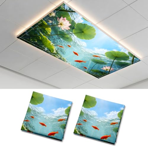 2 Pack Underwater Goldfish Decorative Ceiling Light Covers, Magnetic 4x2 Ft Fluorescent or LED Panel Filter, Anti-Glare Eye Protection for Classroom Office - color: Lotus pond