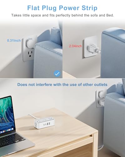 Surge Protector Power Strip, REALMADE 4 AC 4 USB Power Strip, Flat Plug Outlet Extender, 5Ft Extension Cord, Wall Mount Desk Charging for Home Office， Gray & White - size: 5FT