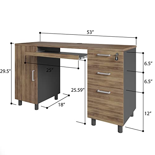 Modern Design Venice Computer Desk with Lockable Drawers, 53 Inch Home Office Desk with Storage Cabinet, Keyboard Tray & Cable Management, Modern Study Writing Desk for Small Spaces, Walnut and Black - color: Walnut Black