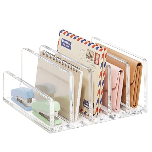 Clear Acrylic Mail Holder, 5-Compartment Vertical Letter Organizer for Desk, Space-Saving Desktop Files, Bills& Notebooks Holder for Home, Office & School - size: 5 Compartment