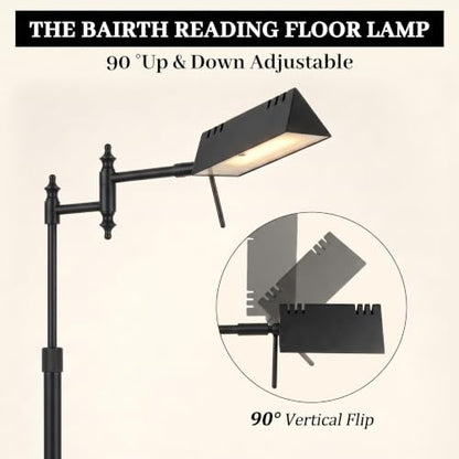 Bairth Black Reading Floor Lamp, Head 90°Rotatable Pharmacy Standing Lamp | 90°Rotatable Lamp Head 3 Color Temperature, Dimmable, 17W LED, Height Adjustable, 360°Swing Arm, Living Room, Bedroom, Craft - color: Black Upgraded