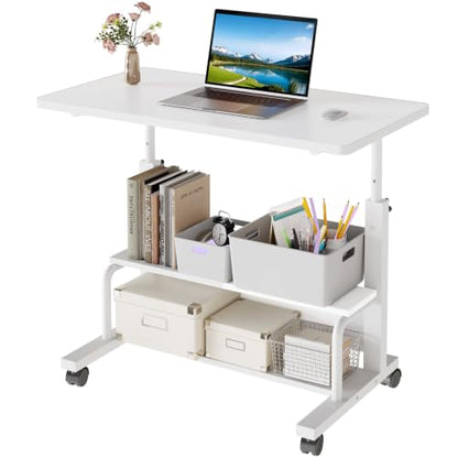OLIXIS Rolling Desk, Storage Shelves, Laptop Table, Home Office | Height Adjustable Design, Computer Desks on Wheels, Portable for Small Spaces Use, White