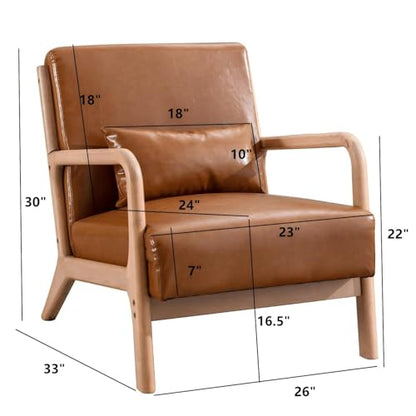 INZOY Mid Century Modern Accent Chair with Wood Frame, PU Leather Reading Armchair with Waist Cushion, Upholstered Living Room Chairs for Bedroom Sunroom (Camel) - color: A-camel