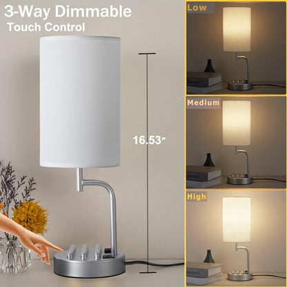Dreamholder Touch Control USB Table Lamp, Upgraded 3-Way Dimmable Bedside Desk Lamp with USB C & A Charging Ports and AC Outlet, Nightstand Lamp for Bedroom, Dimmable Bulb Included, Silver - style: White shade+Silver base