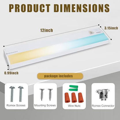 Hardwired Under Cabinet Lighting, 12in 10W LED Light for Kitchen/Closet, 666.7lm, CRI>92, R9>90, Dimmable, 5 Color Temperature, 2700K-5000K(Warm White, Cool White, Daylight) - size: 12 inch