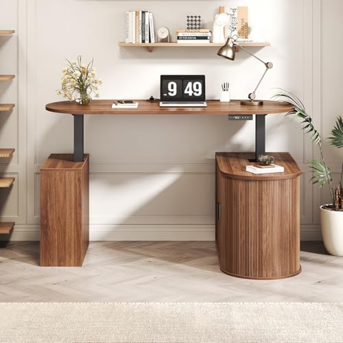 HSH Standing Office Desk with Storage, 60" Electric Standing Desk, Walnut | L Shaped Standing Computer Desks with Open Shelf, Executive Desk Height Adjustable Power Outlet, Stand Up Desk for Home