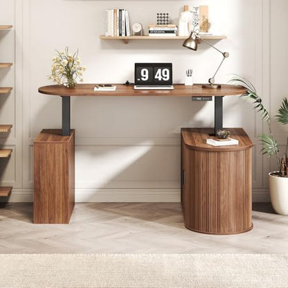 HSH Standing Office Desk with Storage, 60" Electric Standing Desk, Walnut | L Shaped Standing Computer Desks with Open Shelf, Executive Desk Height Adjustable Power Outlet, Stand Up Desk for Home