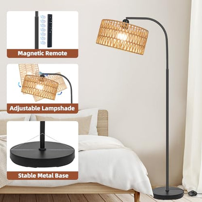 Rattan Floor Lamps for Living Room with Dimmable 9W LED Bulb Farmhouse | Remote Control Boho Standing Lamps with Rattan& Linen Double Shades, Arc Lamps Reading Floor Tall Lamp for Bedroom - style: Cylinder-Black