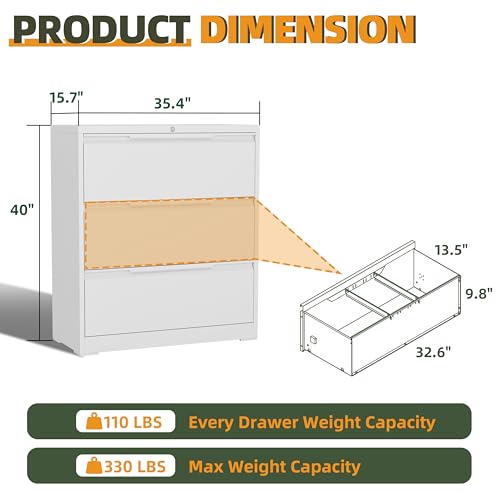 3 Drawer Metal Lateral File Cabinet with Lock for Home Office | 35.5 Inch Ultra Spacious Tabletop,330 LBS Max Weight Capacity,Fits Letter/Legal/F4/A4 Size,Fast Easy Assemble,White - color: White, size: 15.7"D x 35.4"W x 40"H（3 Drawers）